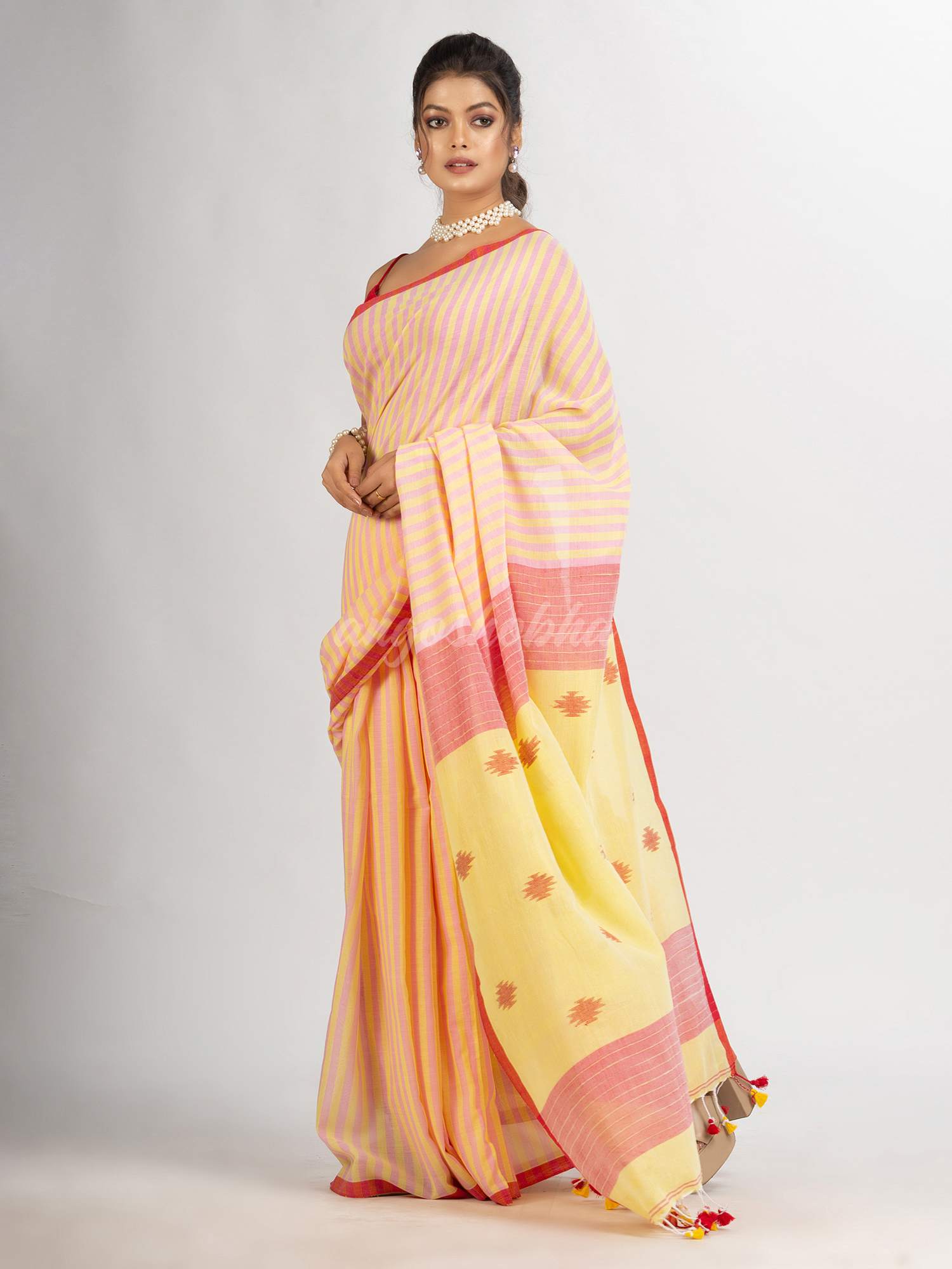 Pink yellow Stipe Handwoven Cotton Jamdani handloom Saree