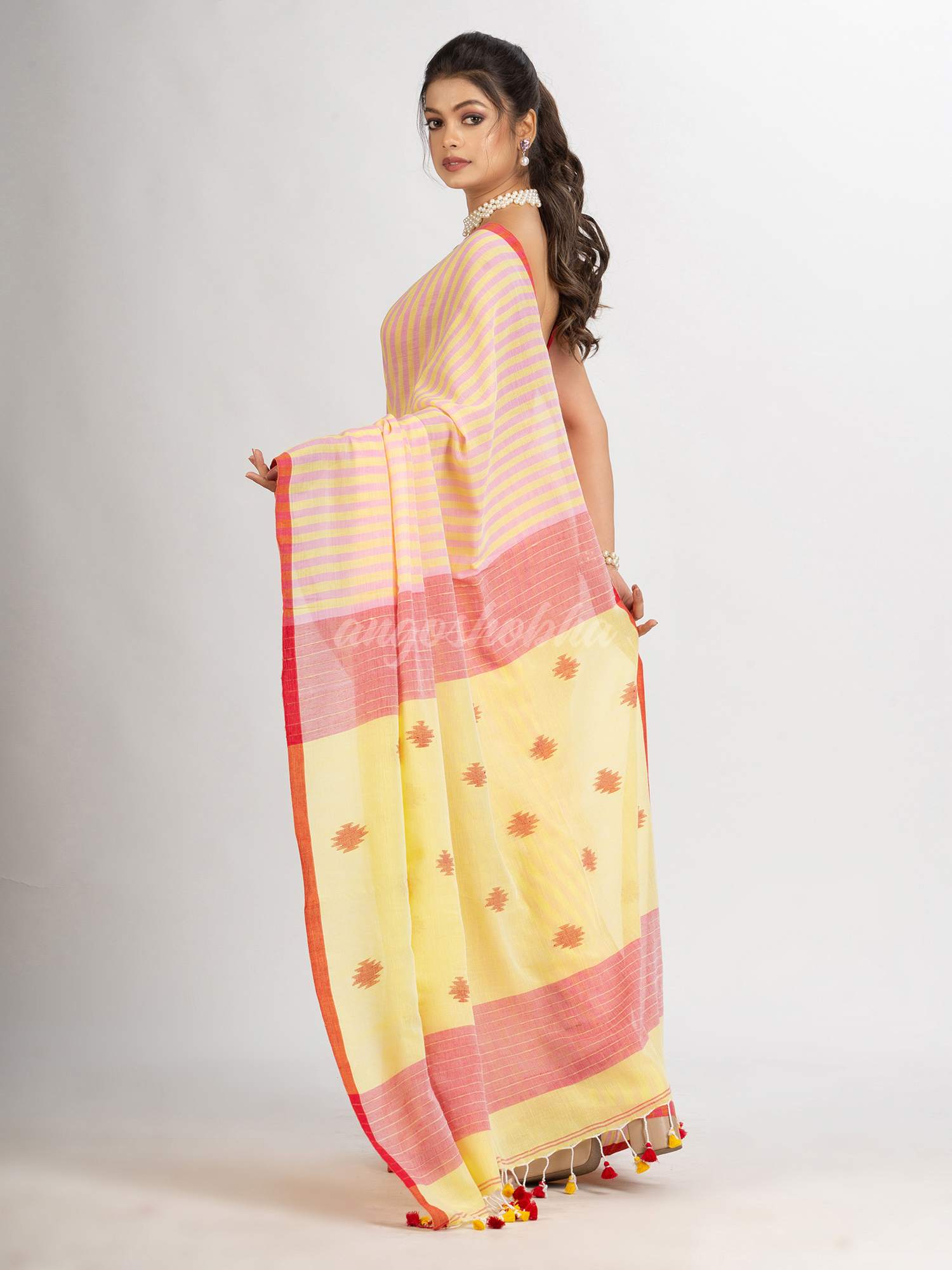Pink yellow Stipe Handwoven Cotton Jamdani handloom Saree