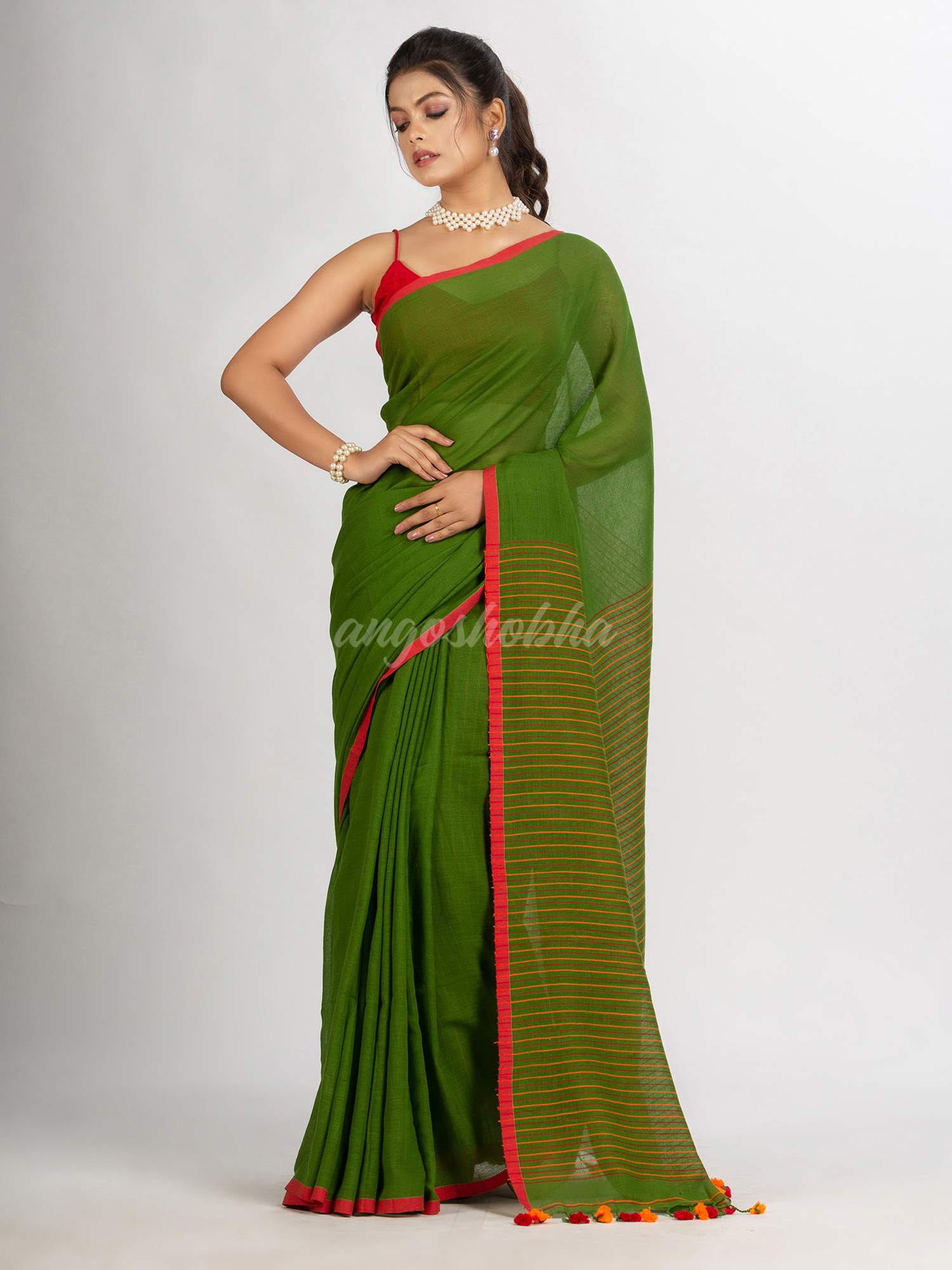 Pasta Green Handwoven Cotton Stipe handloom Saree