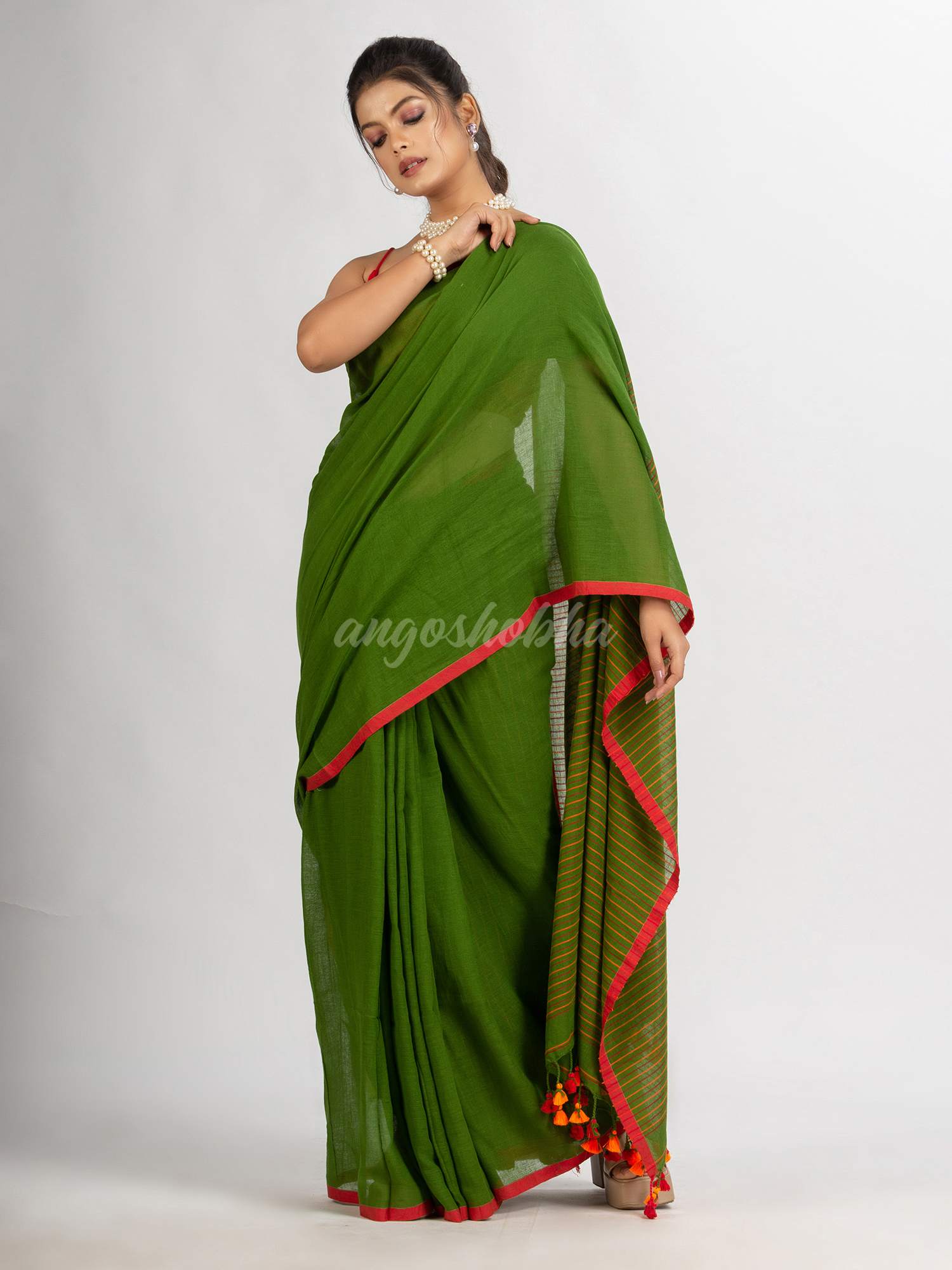 Pasta Green Handwoven Cotton Stipe handloom Saree