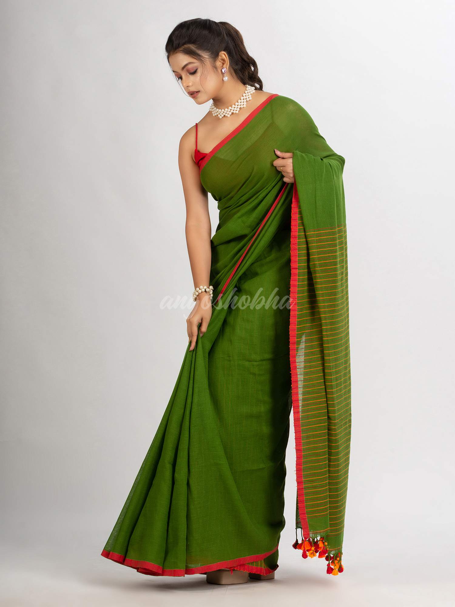 Pasta Green Handwoven Cotton Stipe handloom Saree