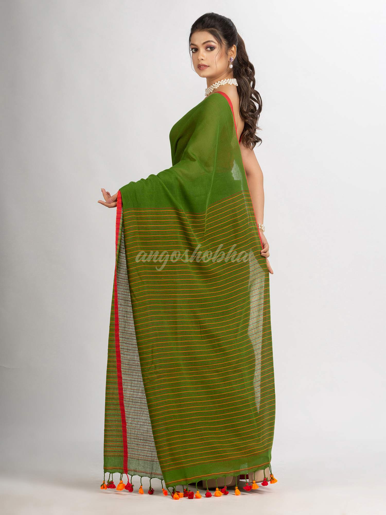 Pasta Green Handwoven Cotton Stipe handloom Saree