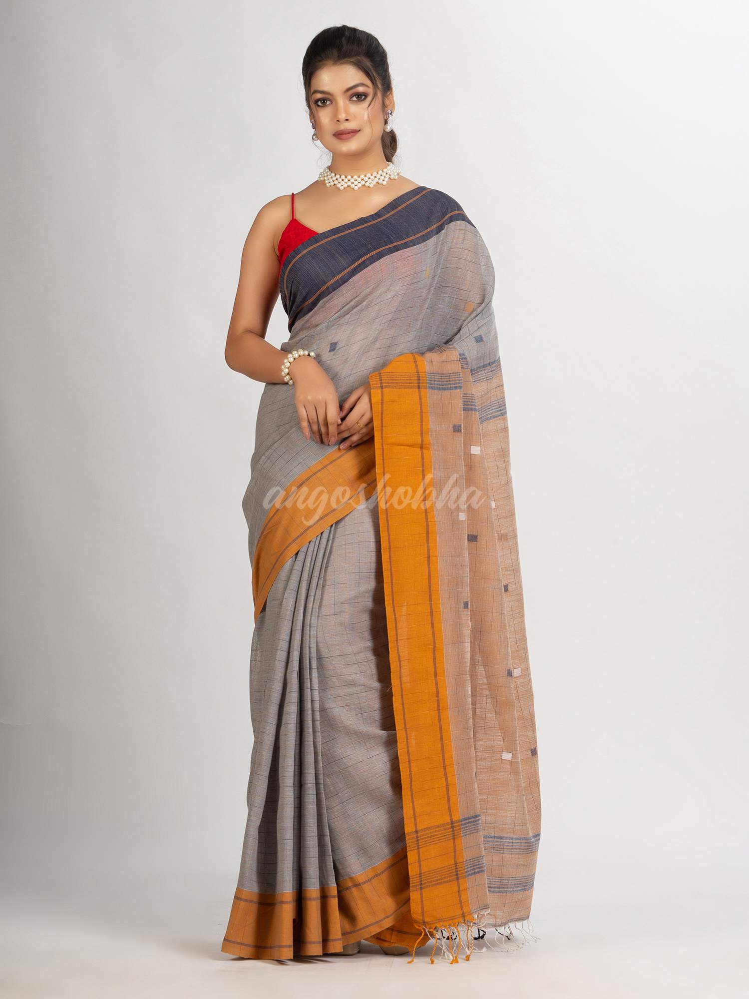 Grey Handwoven Cotton Jamdani handloom Saree