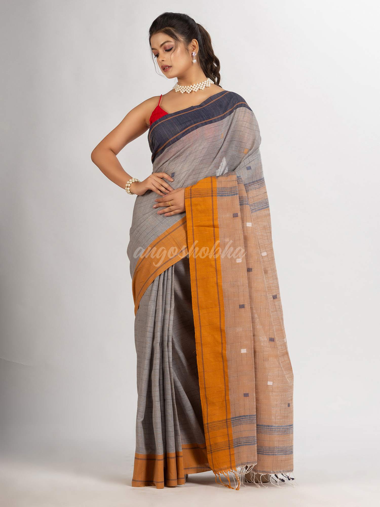 Grey Handwoven Cotton Jamdani handloom Saree