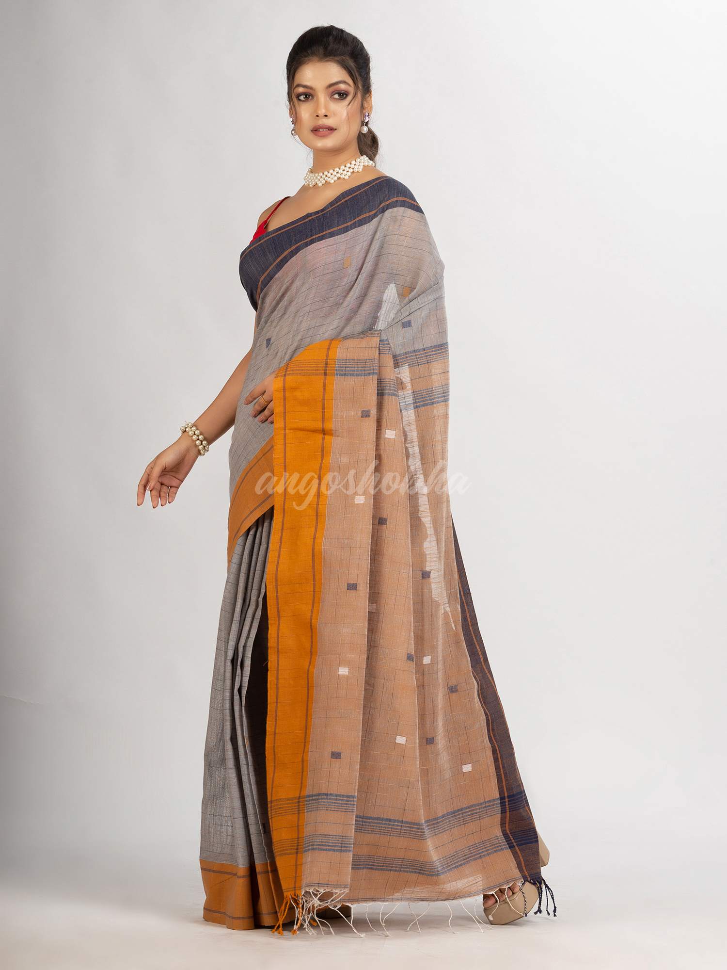 Grey Handwoven Cotton Jamdani handloom Saree