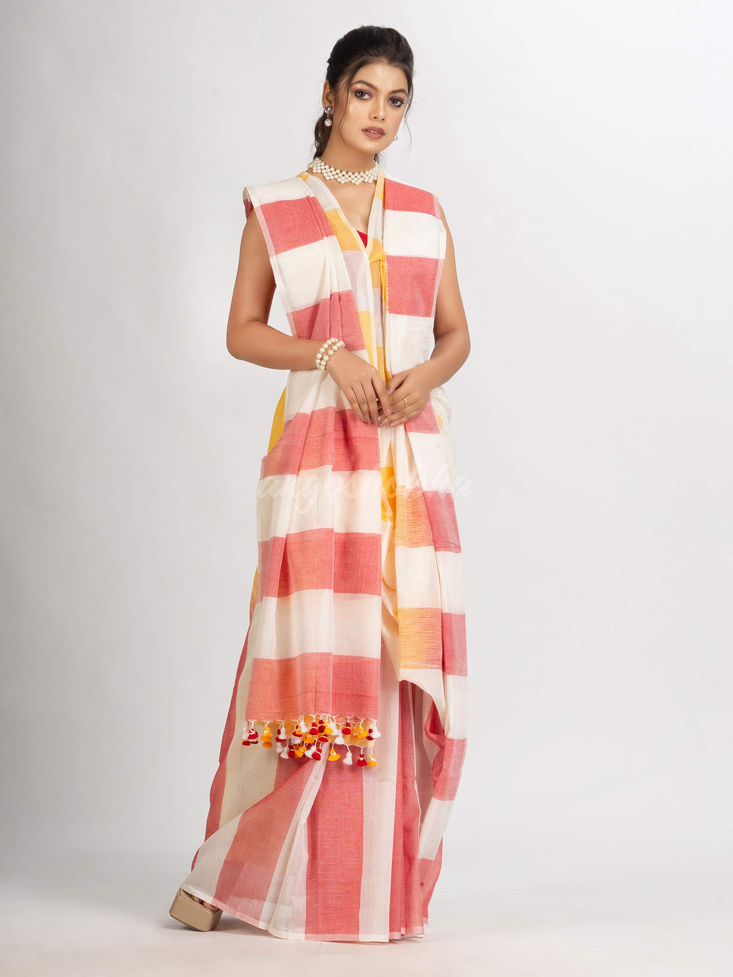 White Yellow and Red Stipe Cotton handloom Saree