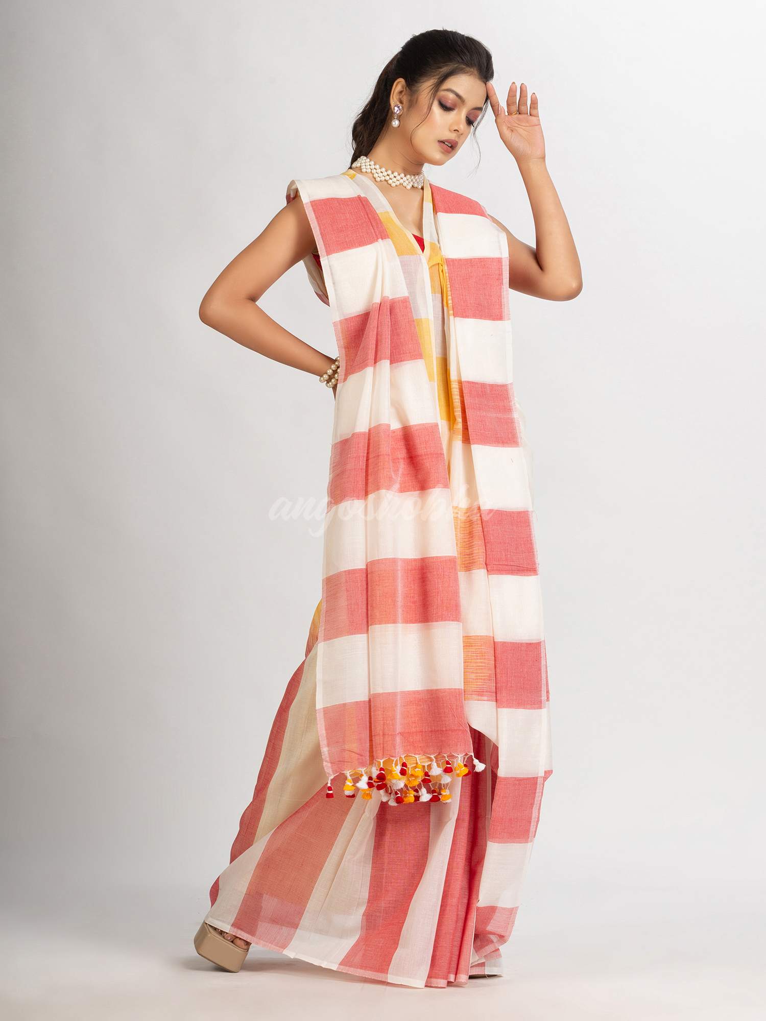 White Yellow and Red Stipe Cotton handloom Saree