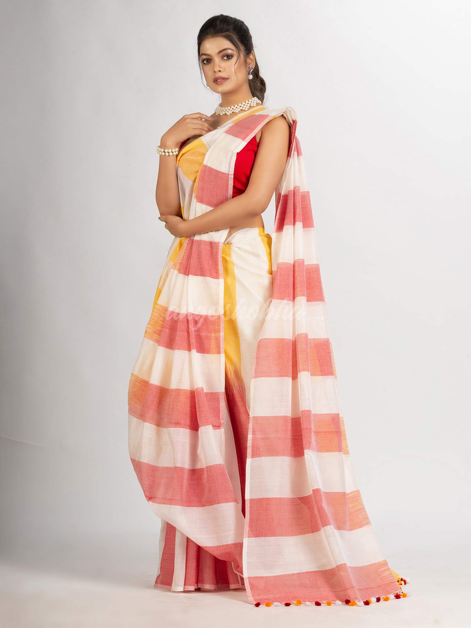 White Yellow and Red Stipe Cotton handloom Saree