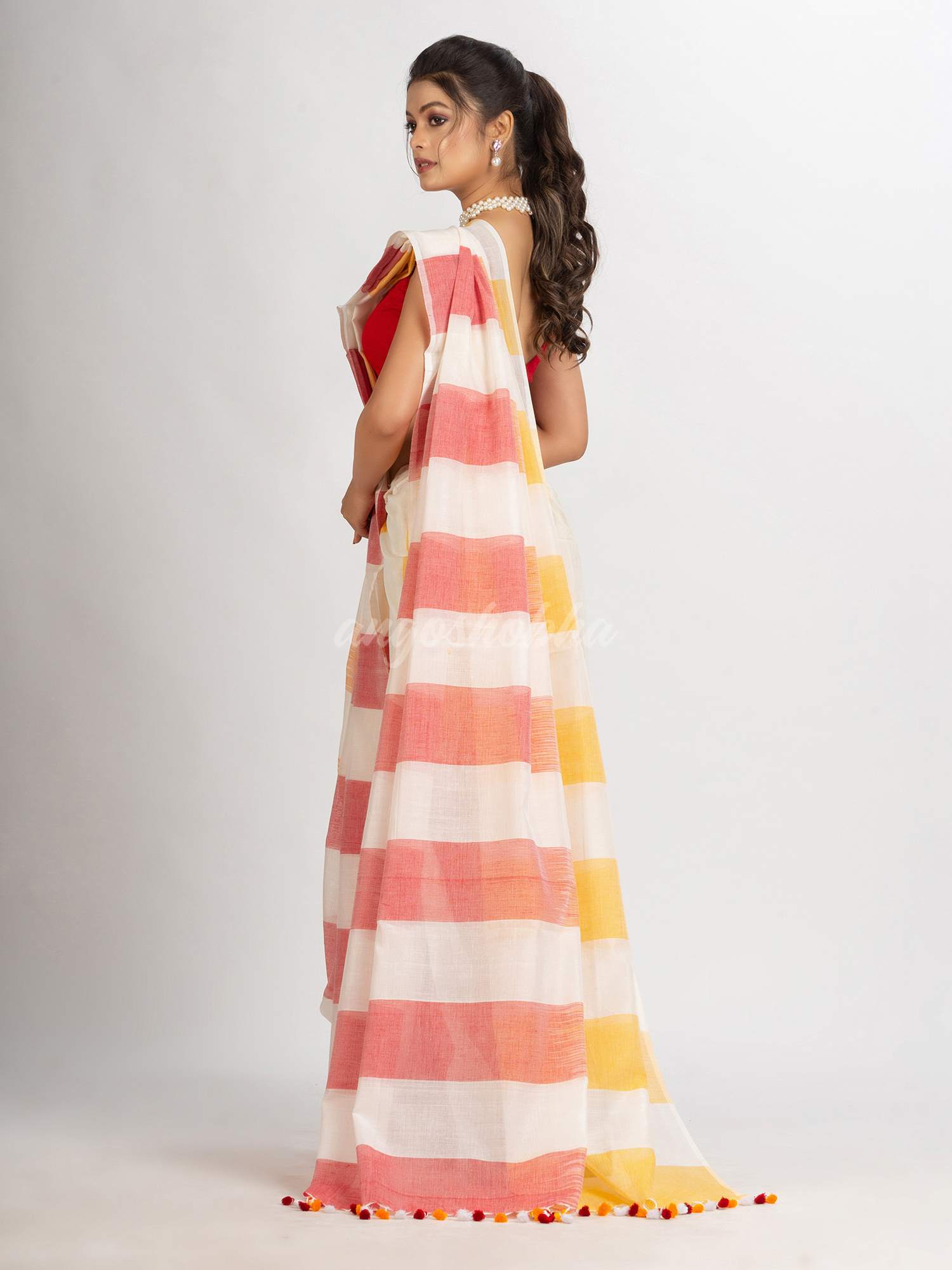 White Yellow and Red Stipe Cotton handloom Saree