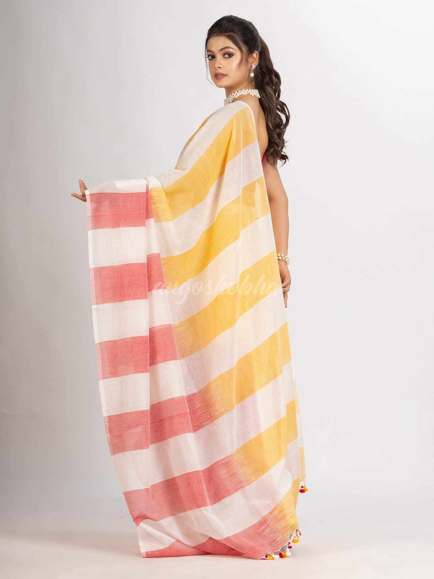 White Yellow and Red Stipe Cotton handloom Saree