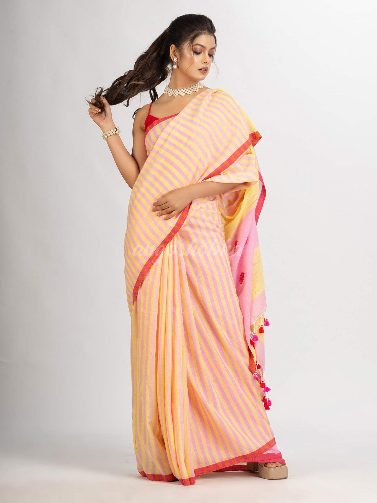 Pink yellow Stipe Handwoven Cotton Jamdani handloom Saree