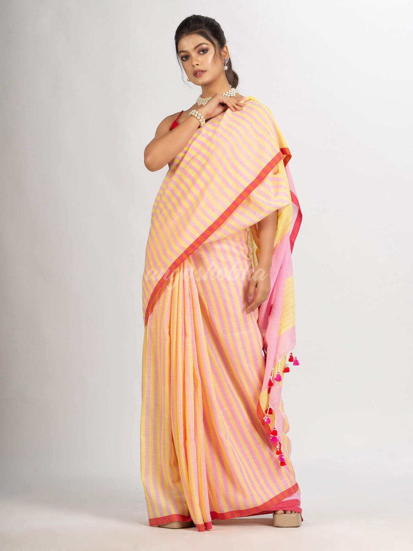 Pink yellow Stipe Handwoven Cotton Jamdani handloom Saree