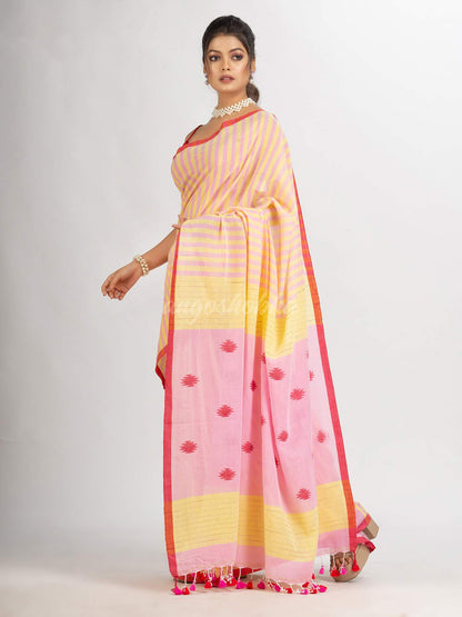 Pink yellow Stipe Handwoven Cotton Jamdani handloom Saree