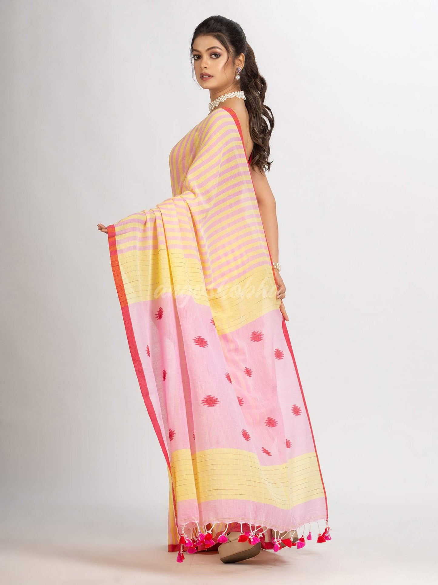 Pink yellow Stipe Handwoven Cotton Jamdani handloom Saree