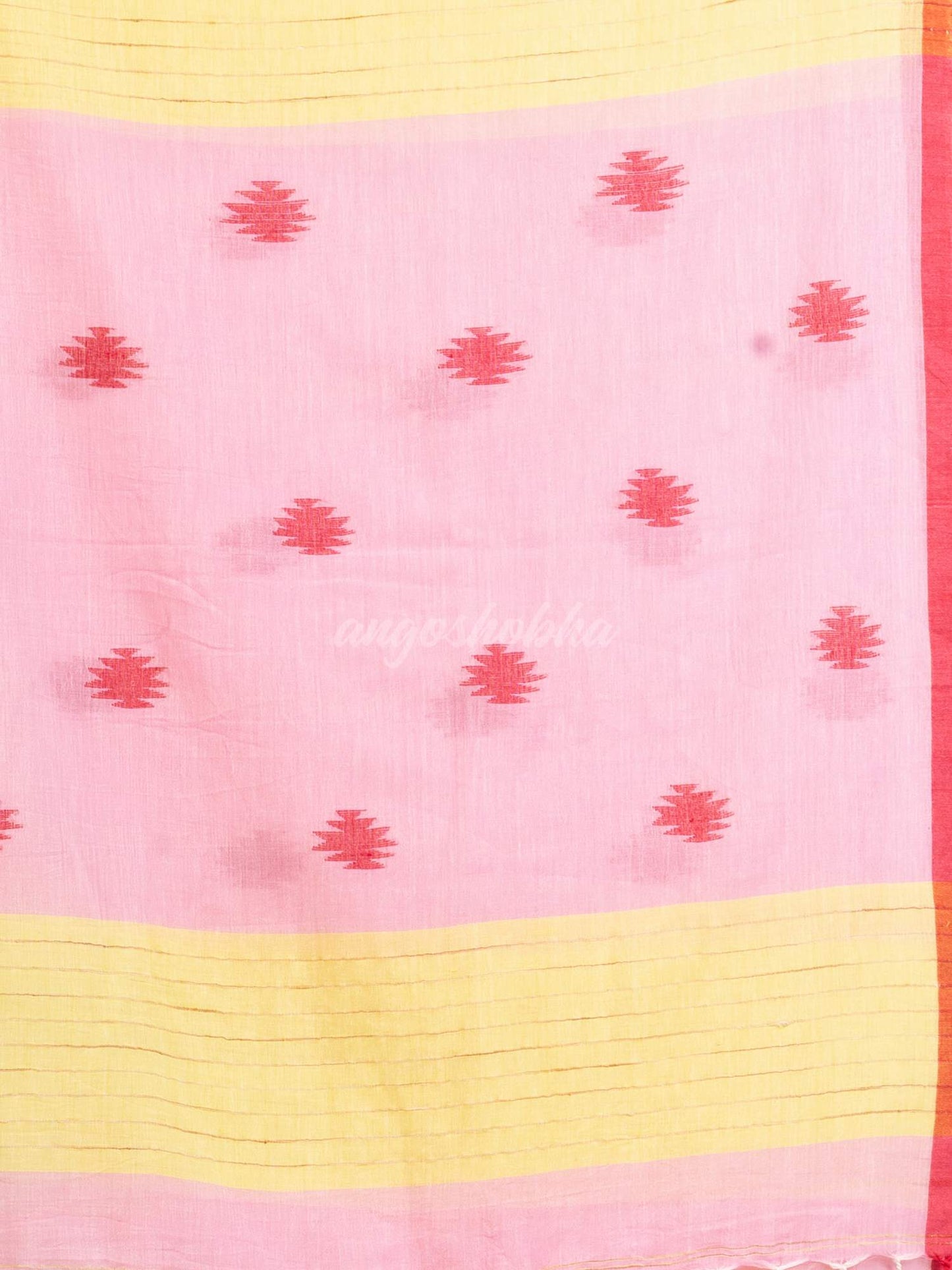 Pink yellow Stipe Handwoven Cotton Jamdani handloom Saree