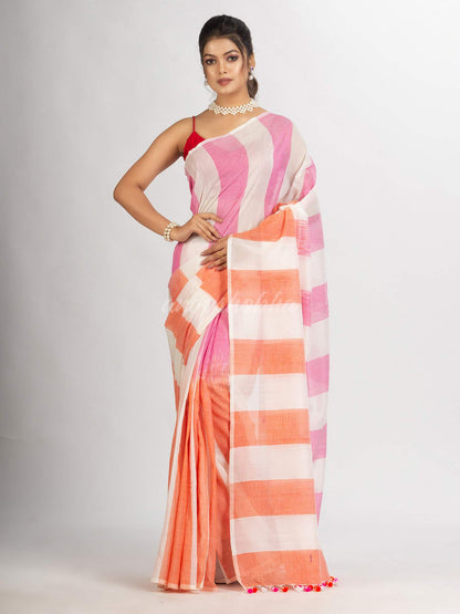 White pink And Orange Stipe Cotton handloom Saree