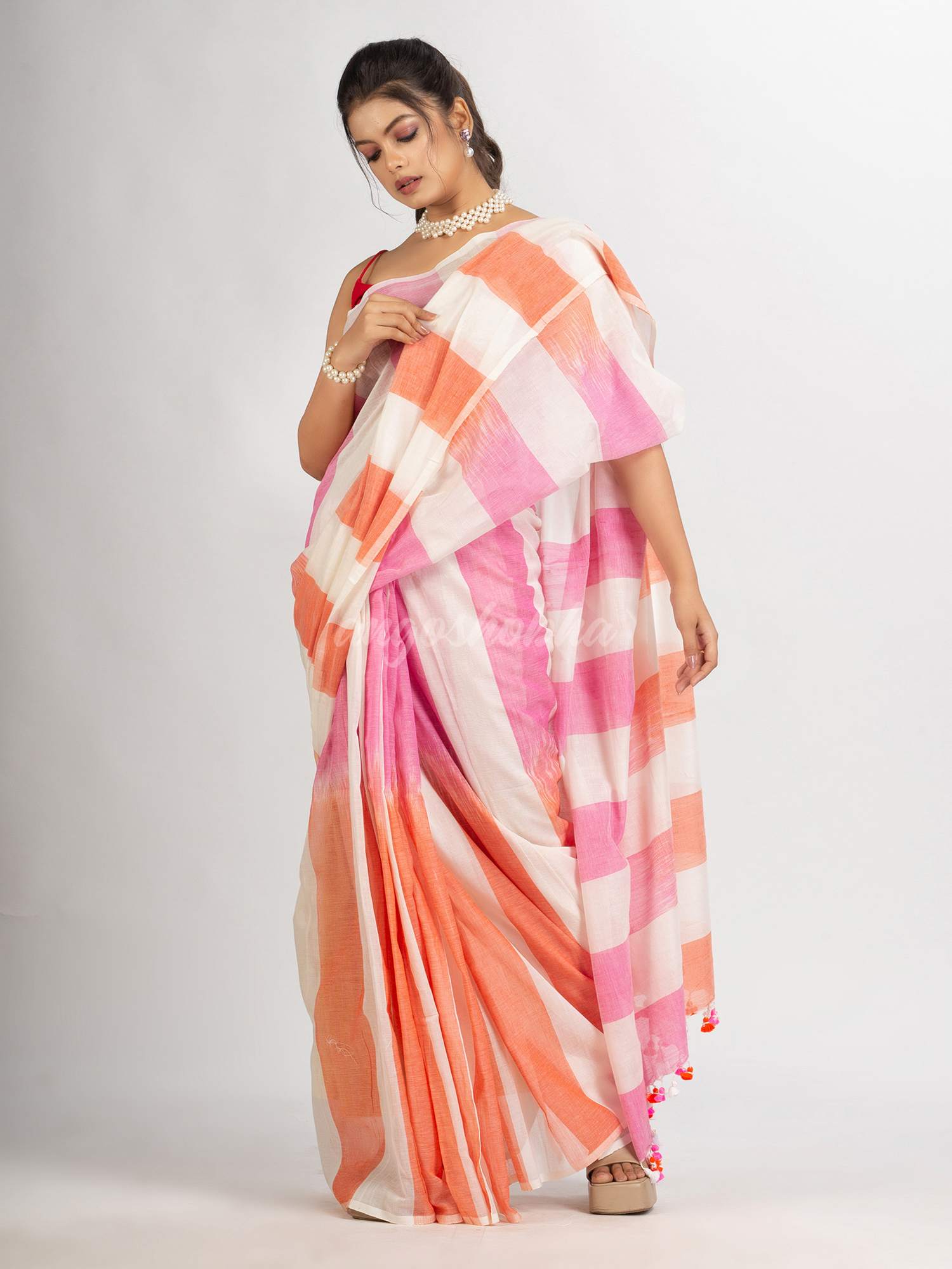 White pink And Orange Stipe Cotton handloom Saree