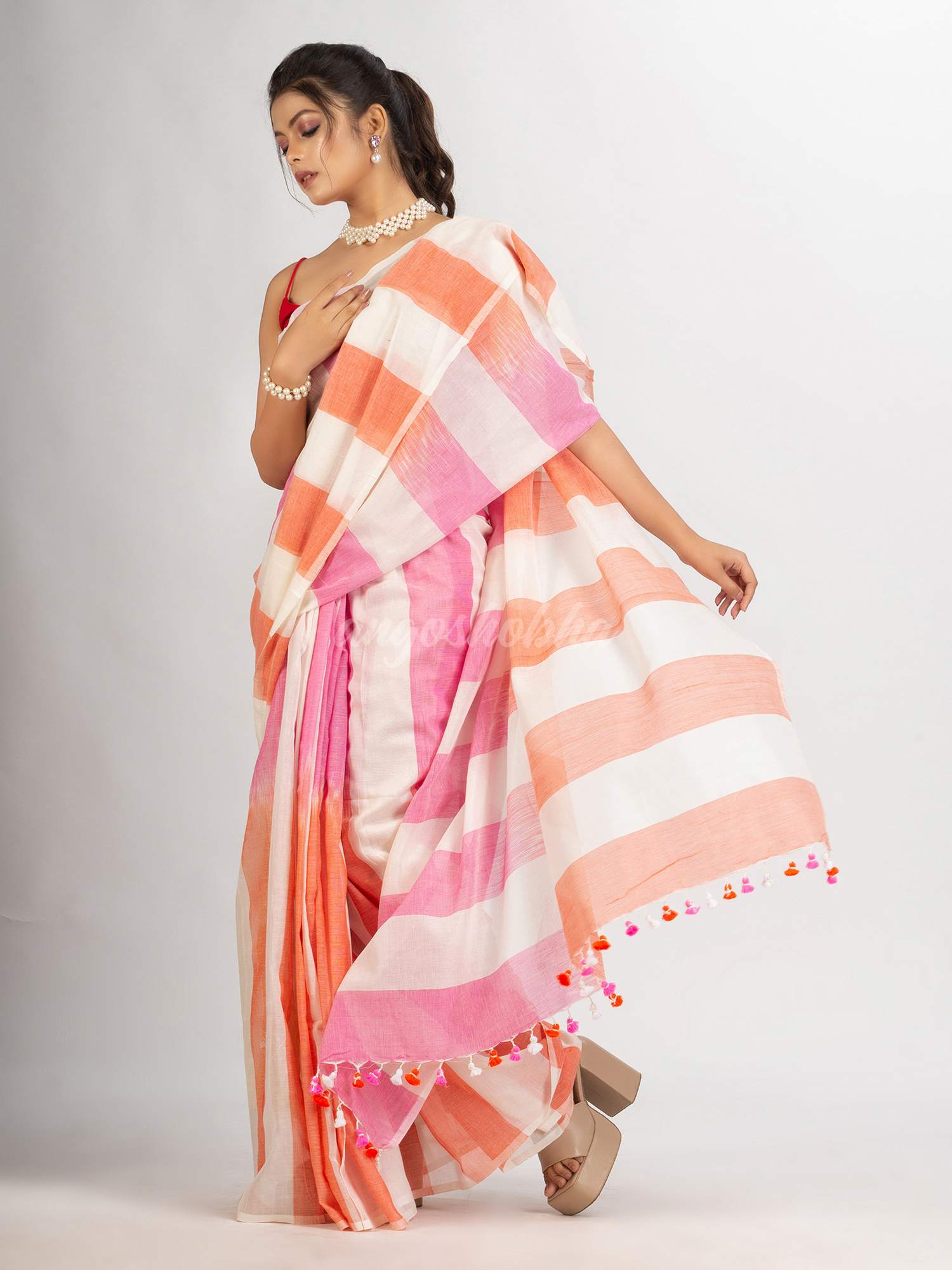 White pink And Orange Stipe Cotton handloom Saree