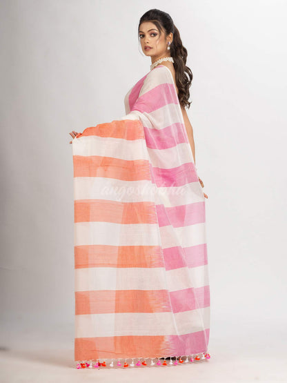 White pink And Orange Stipe Cotton handloom Saree