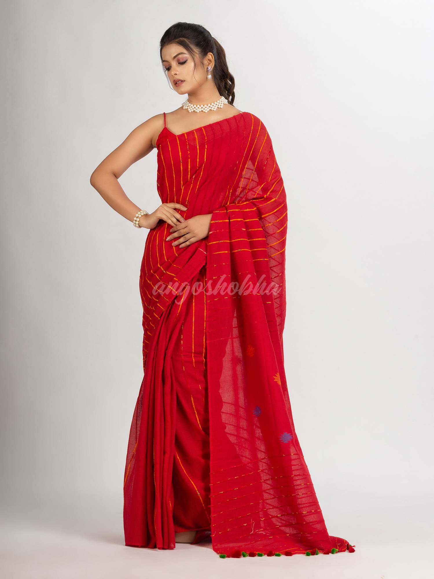 Red Handwoven Cotton Jamdani handloom Saree
