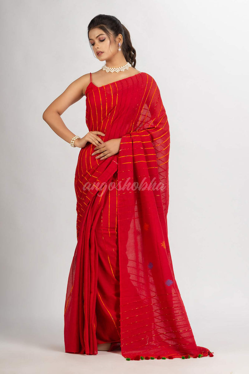 Red Handwoven Cotton Jamdani handloom Saree