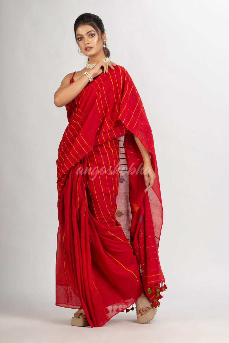 Red Handwoven Cotton Jamdani handloom Saree