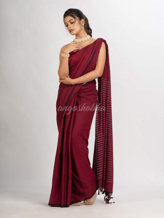 Maroon Handwoven Cotton Stipe handloom Saree