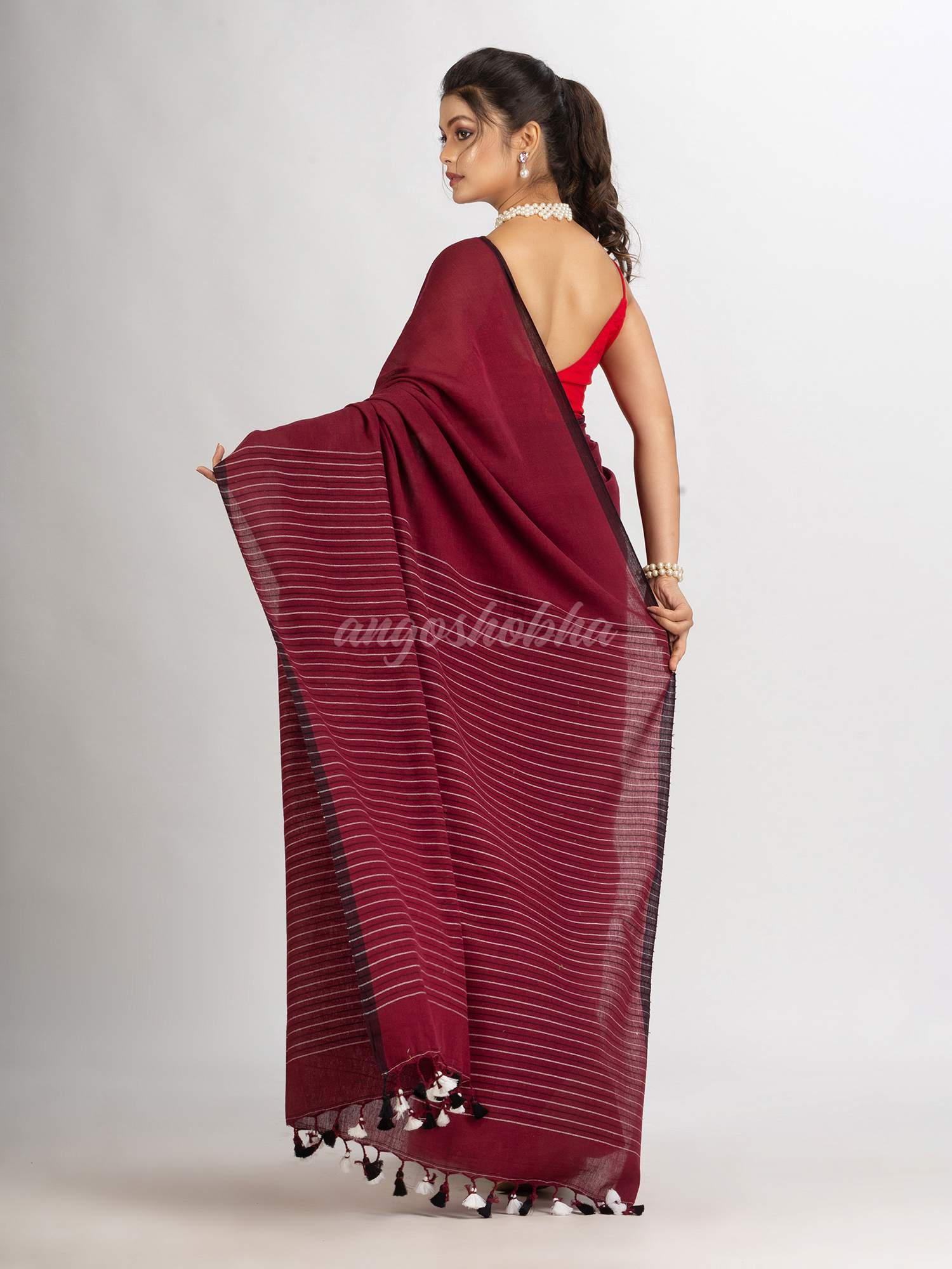 Maroon Handwoven Cotton Stipe handloom Saree-angoshobha