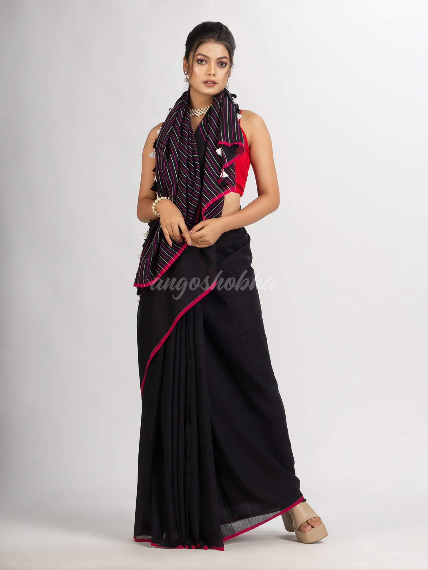Black Handwoven Cotton Stipe handloom Saree