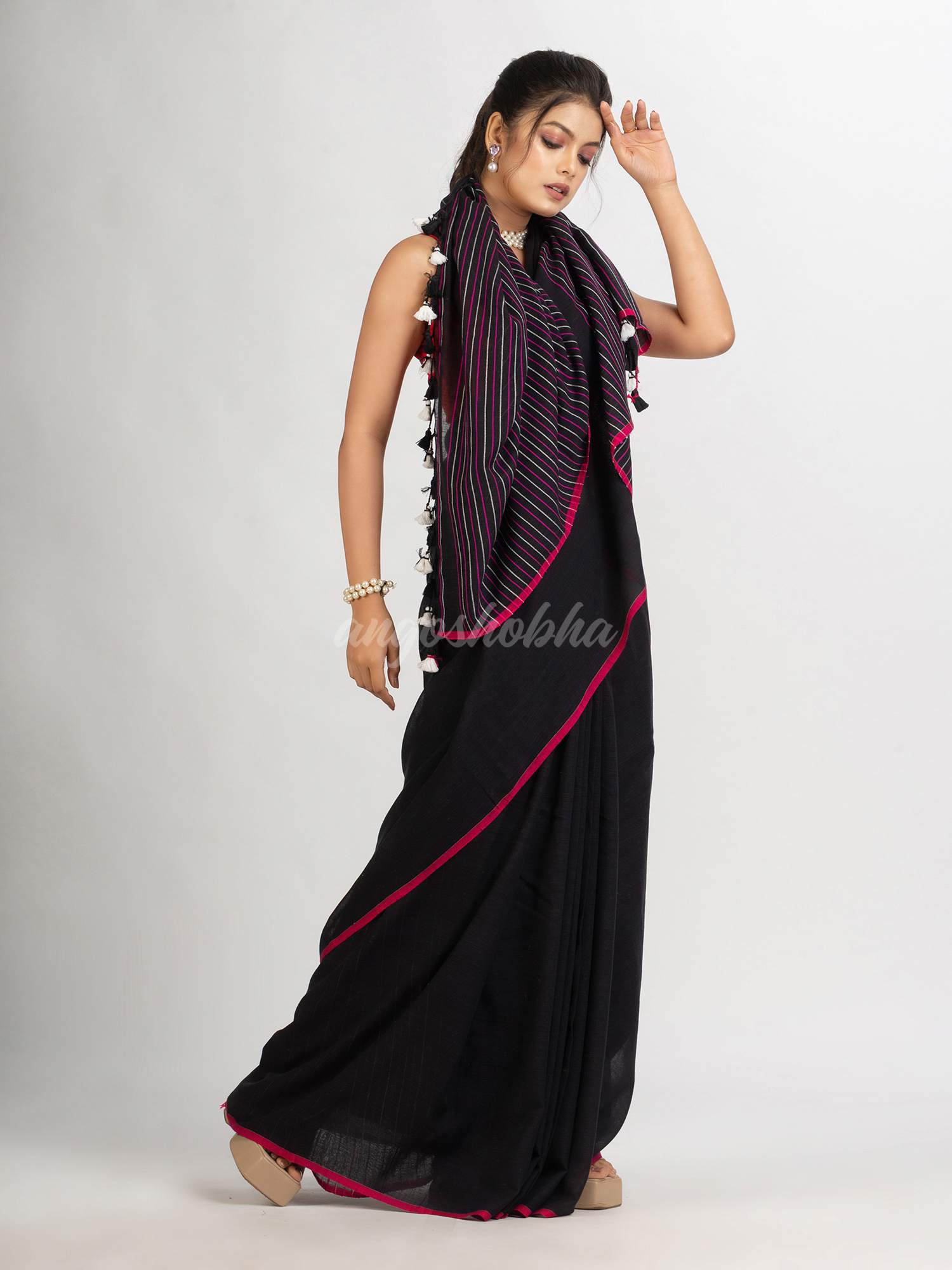Black Handwoven Cotton Stipe handloom Saree