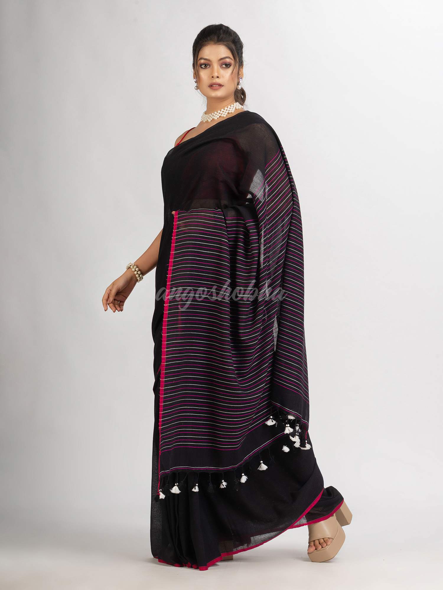 Black Handwoven Cotton Stipe handloom Saree