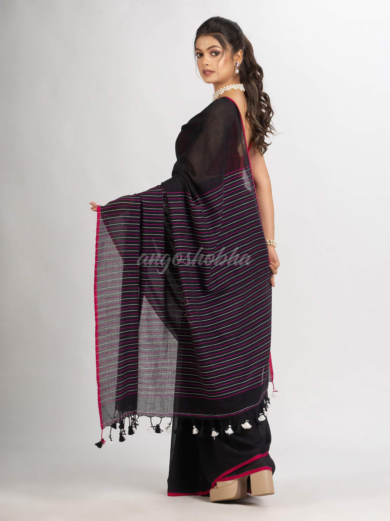 Black Handwoven Cotton Stipe handloom Saree