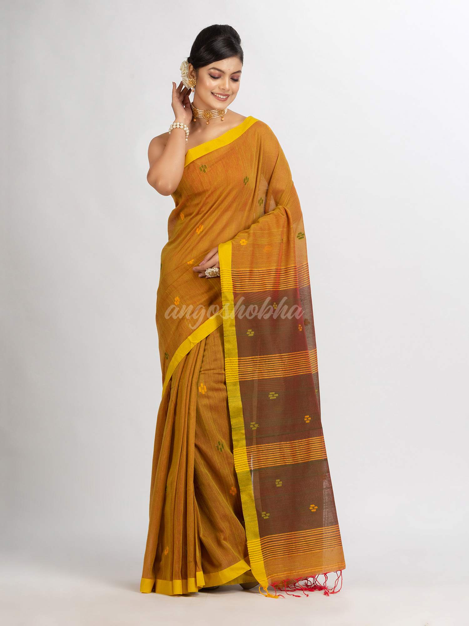 Lemon Yellow Handwoven Cotton Jamdani handloom Saree