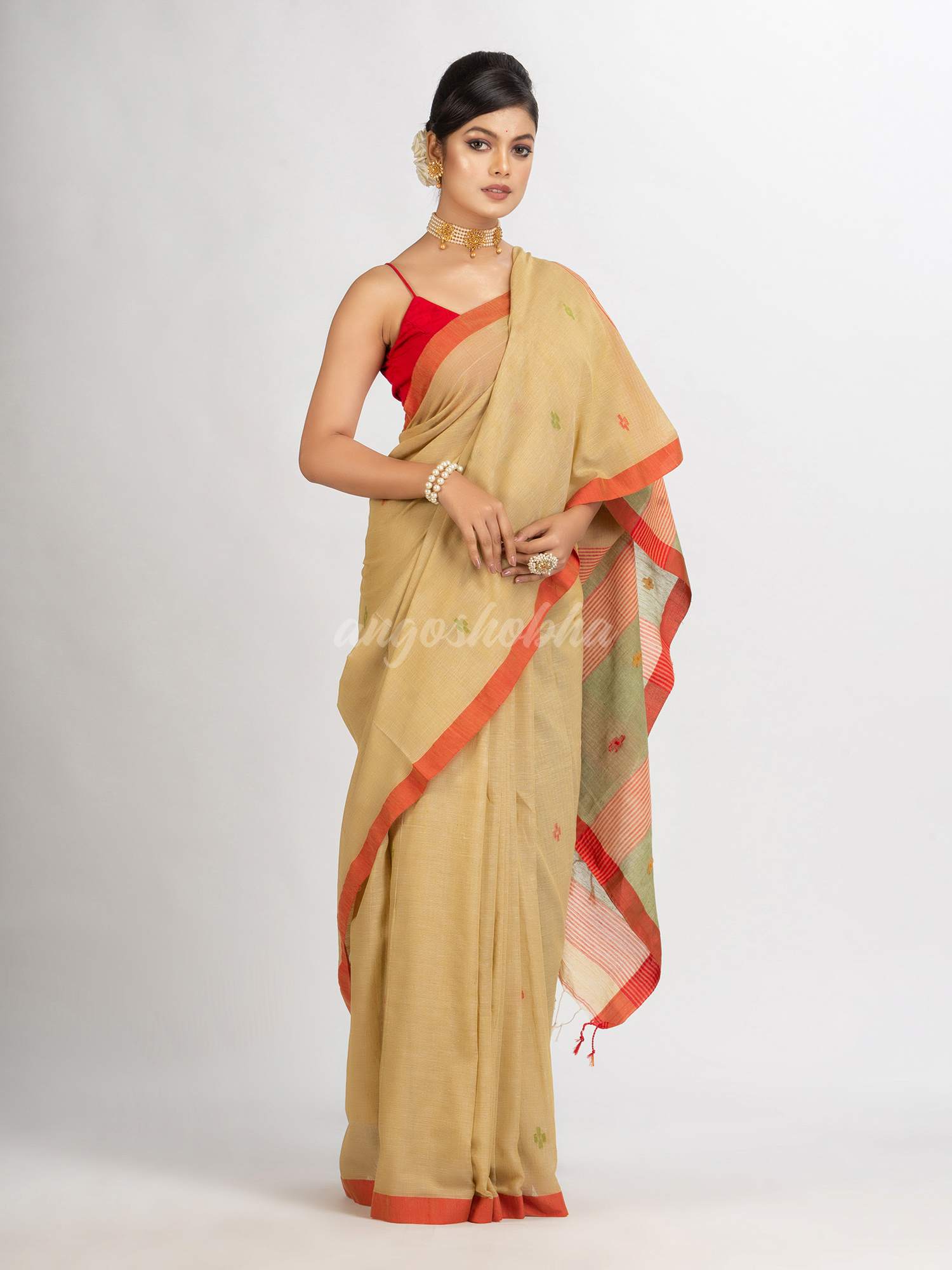 Natural Tussar Colour Handwoven Cotton Jamdani handloom Saree