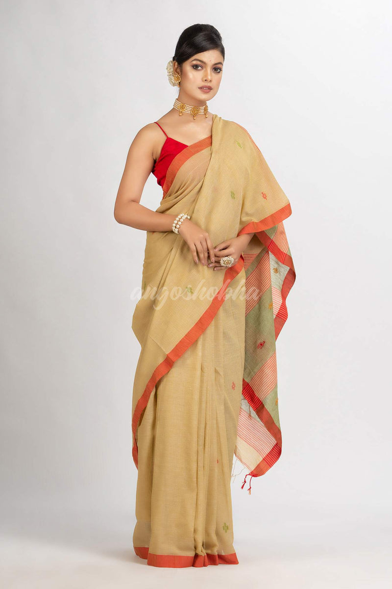 Natural Tussar Colour Handwoven Cotton Jamdani handloom Saree