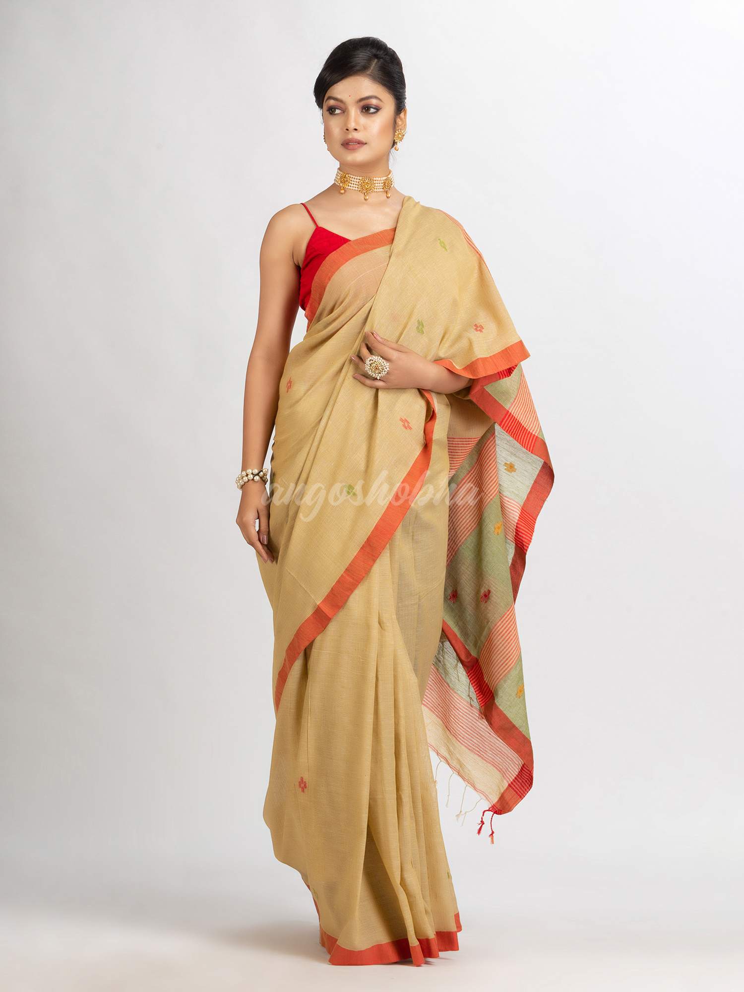 Natural Tussar Colour Handwoven Cotton Jamdani handloom Saree