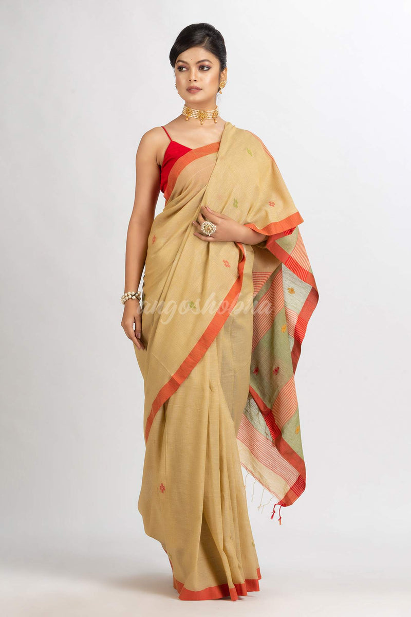 Natural Tussar Colour Handwoven Cotton Jamdani handloom Saree