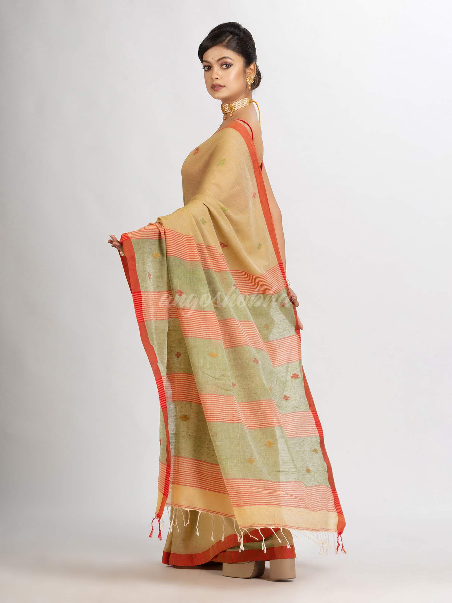 Natural Tussar Colour Handwoven Cotton Jamdani handloom Saree