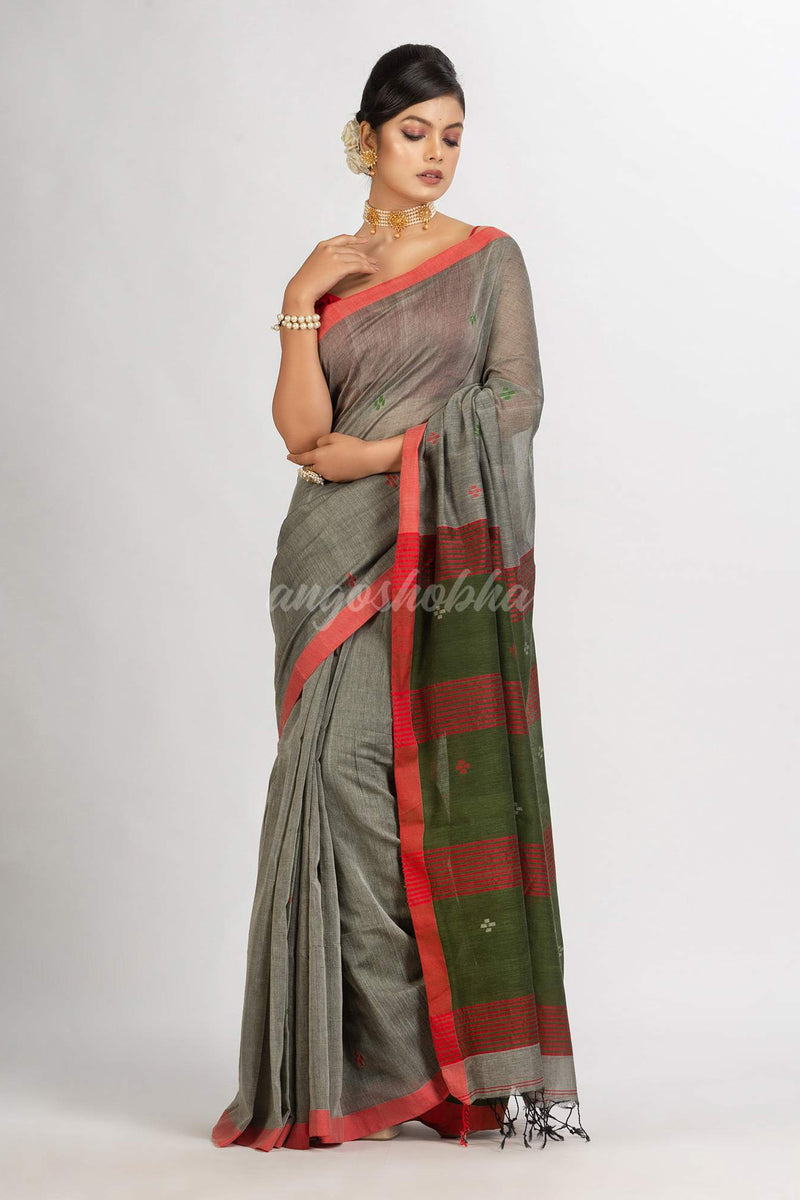 Grey Handwoven Cotton Jamdani handloom Saree