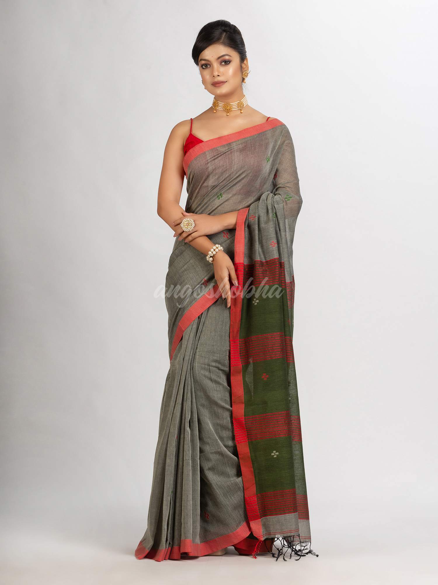 Grey Handwoven Cotton Jamdani handloom Saree
