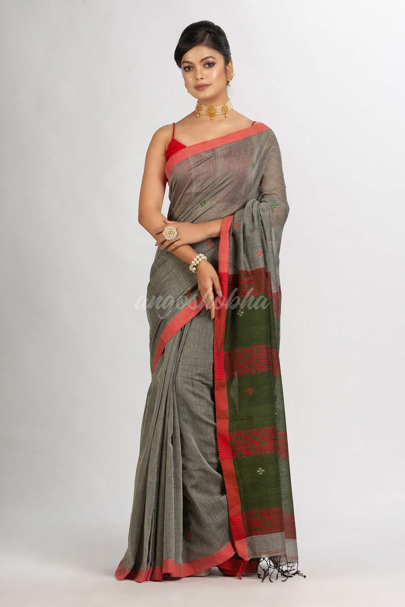 Grey Handwoven Cotton Jamdani handloom Saree