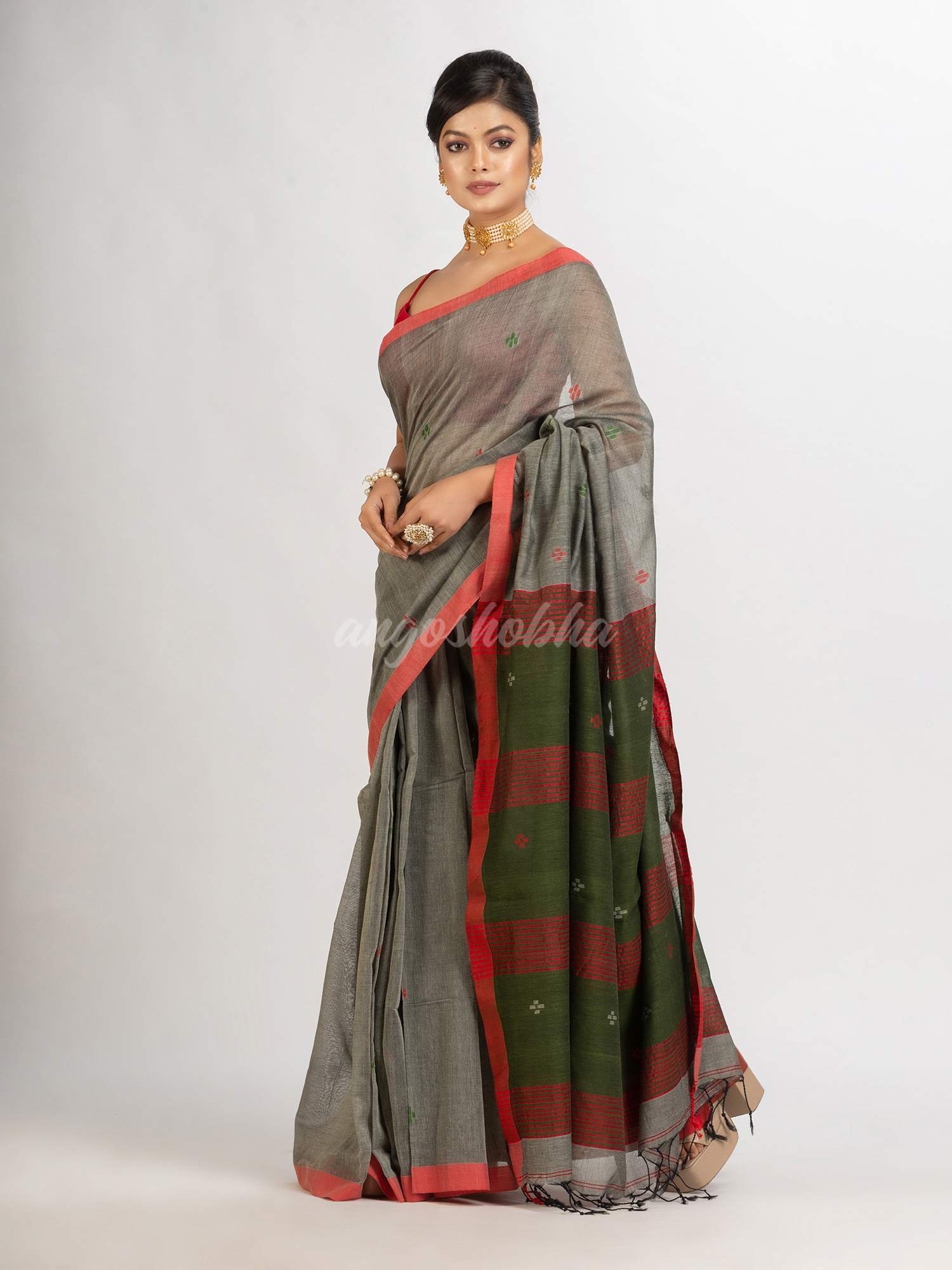 Grey Handwoven Cotton Jamdani handloom Saree