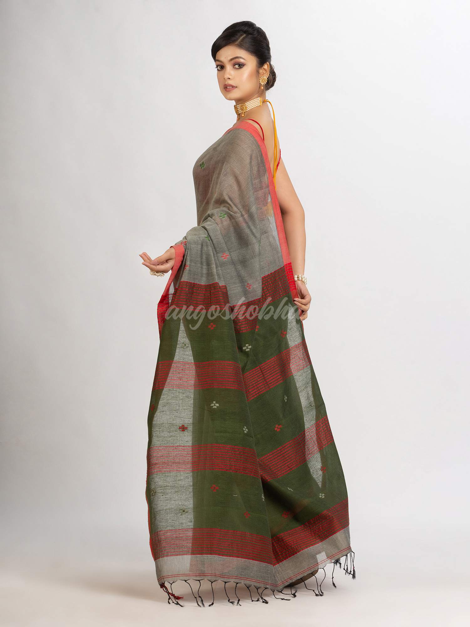 Grey Handwoven Cotton Jamdani handloom Saree