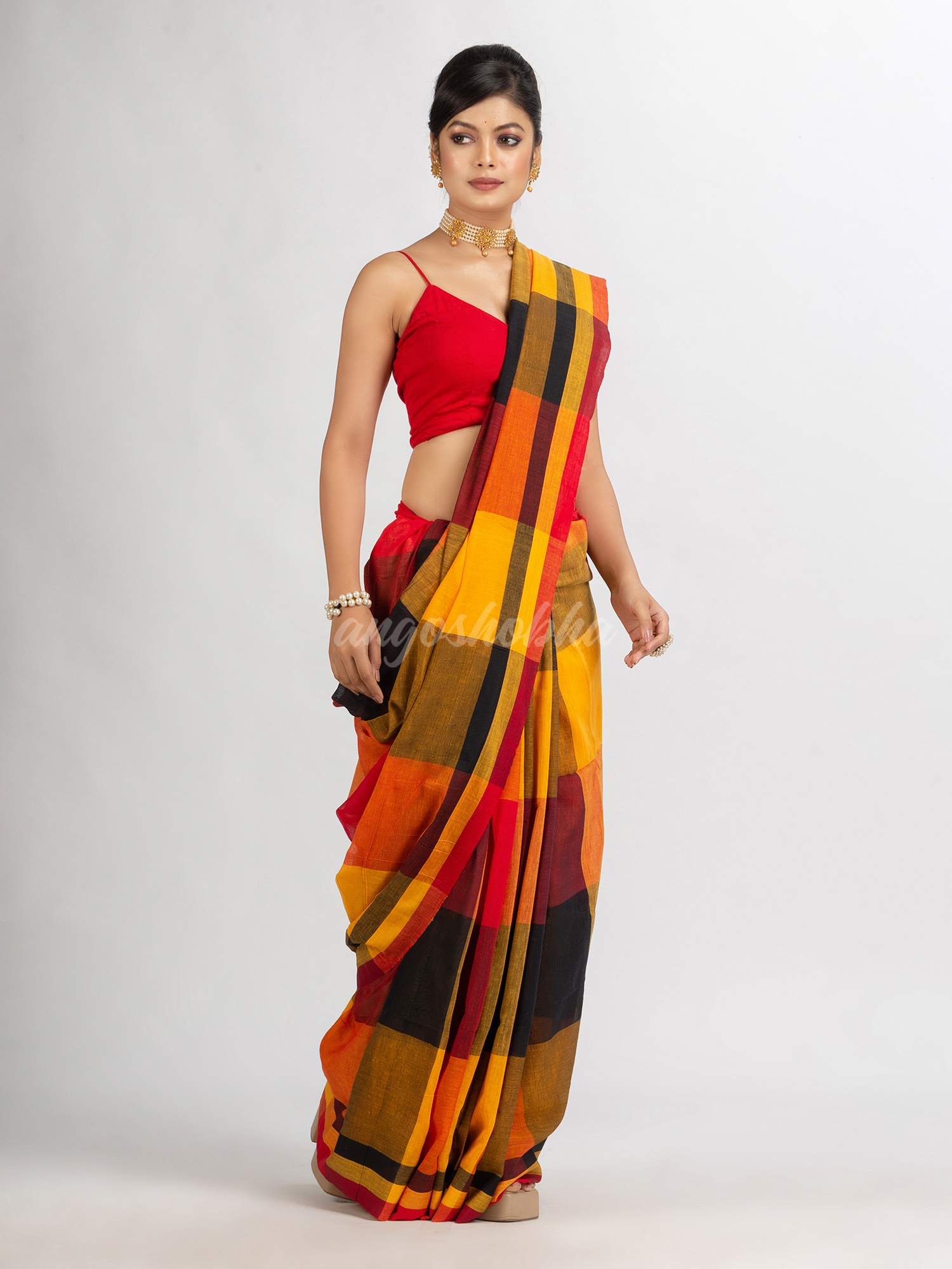 Black Red And Yellow Multi Colour Check handloom Saree