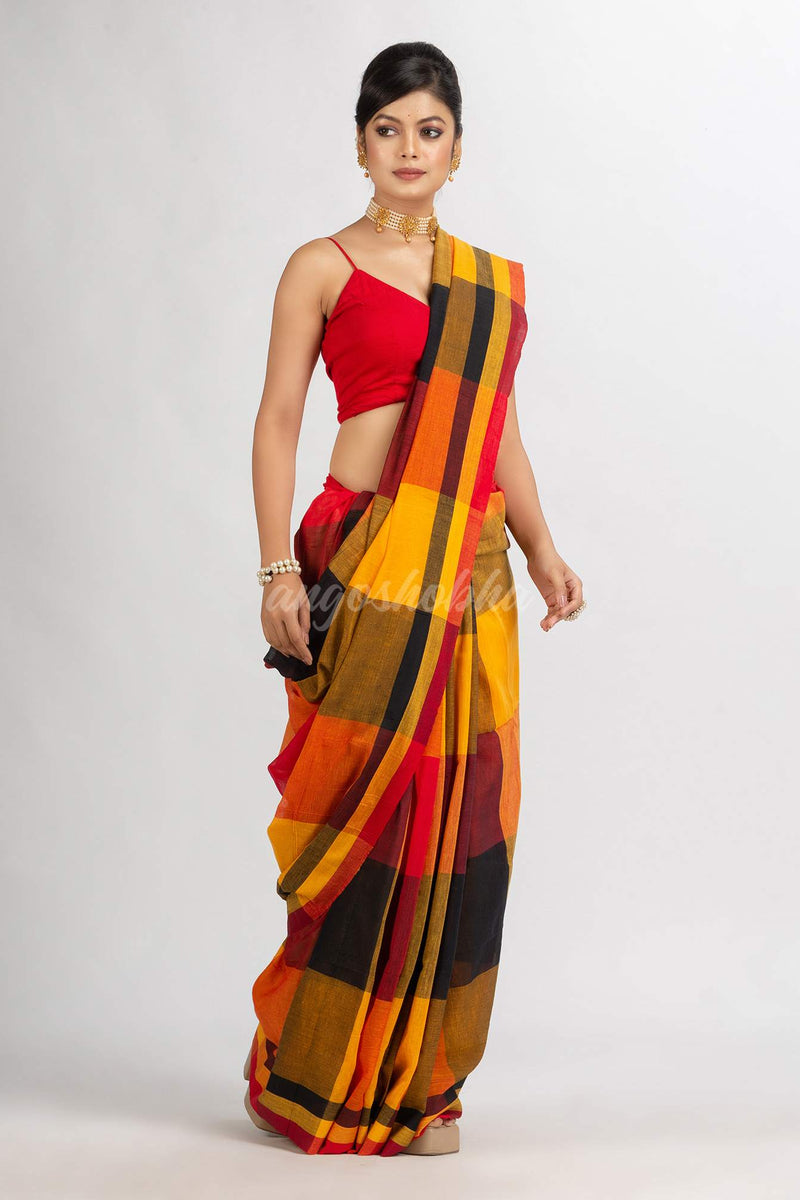 Black Red And Yellow Multi Colour Check handloom Saree