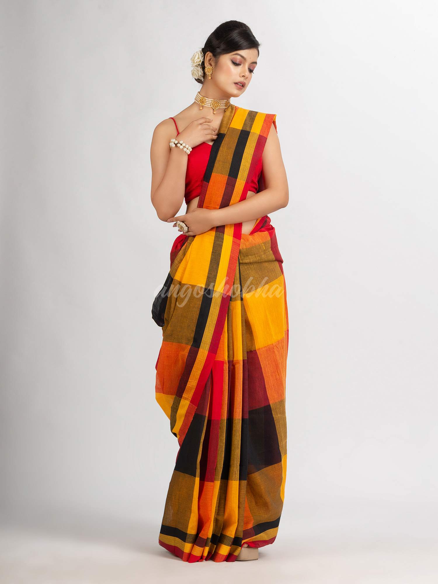 Black Red And Yellow Multi Colour Check handloom Saree