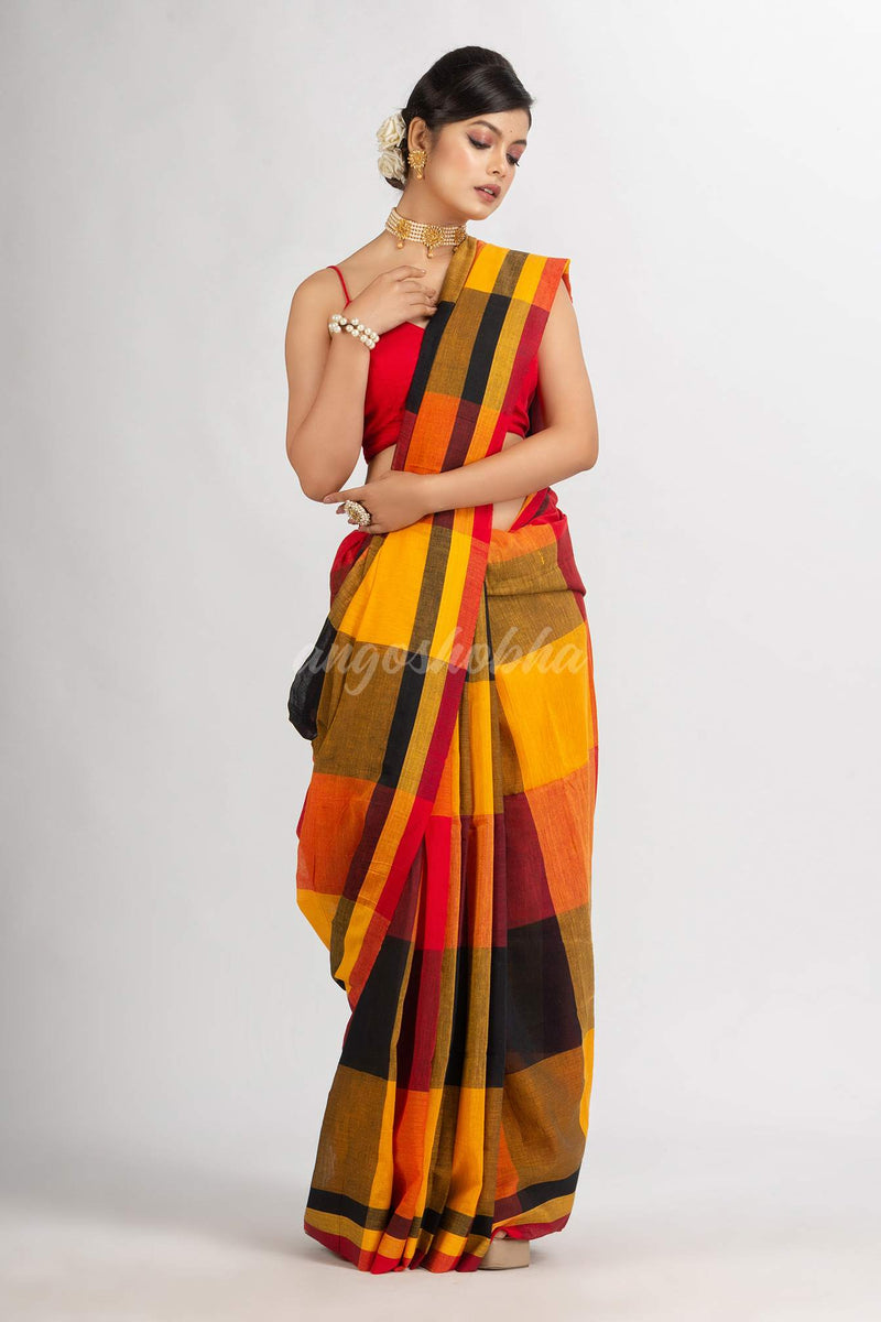 Black Red And Yellow Multi Colour Check handloom Saree