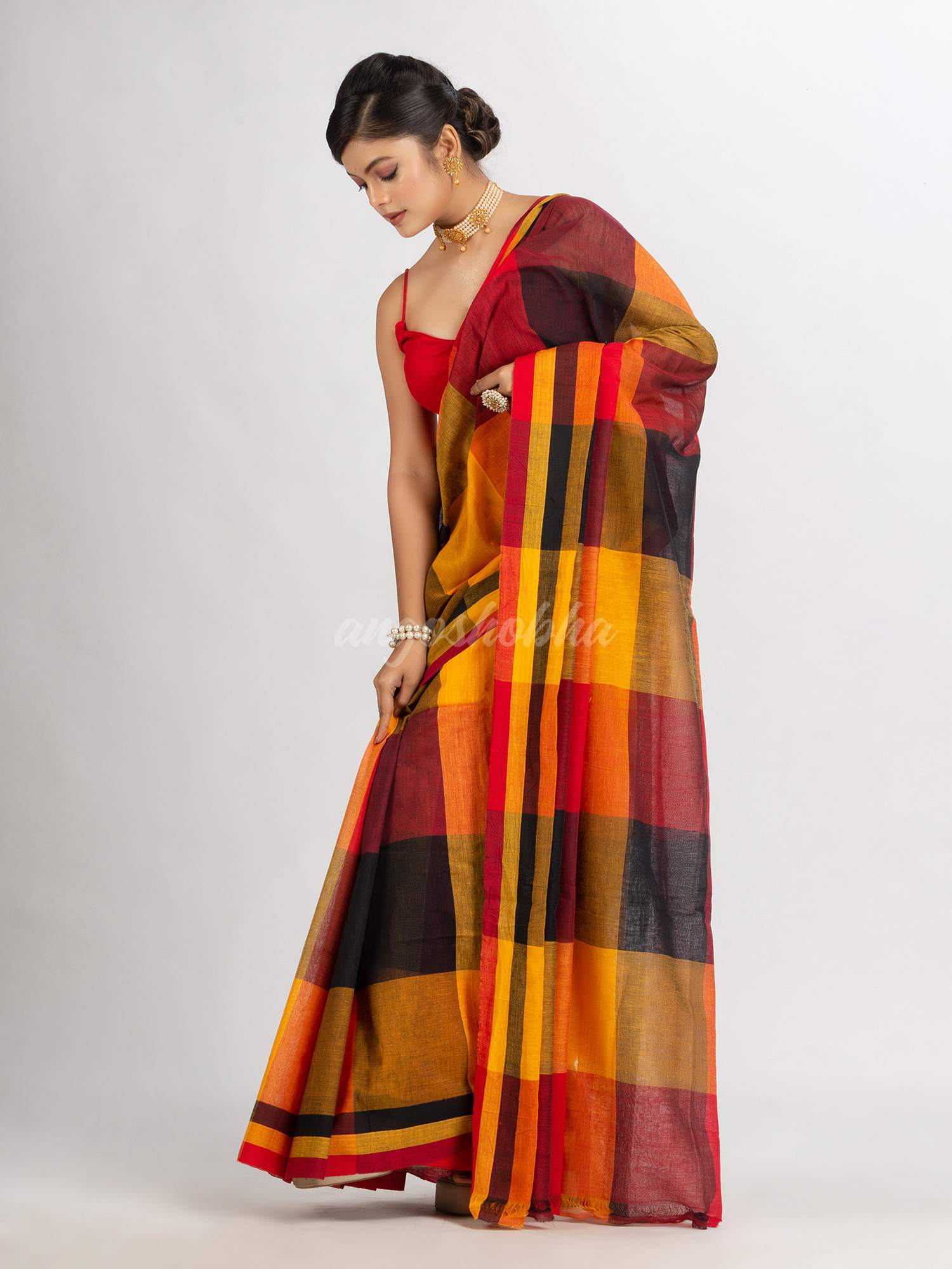 Black Red And Yellow Multi Colour Check handloom Saree