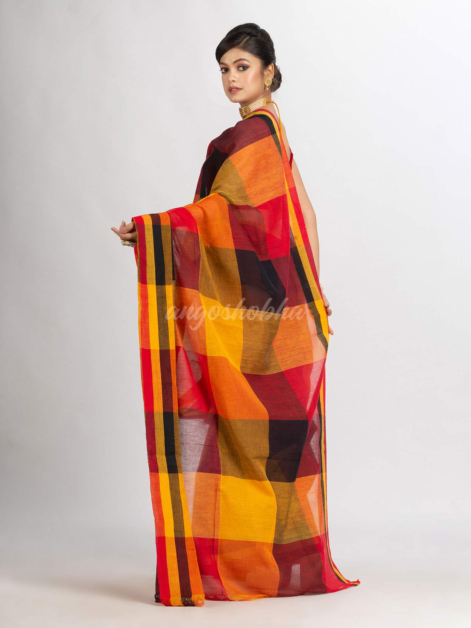 Black Red And Yellow Multi Colour Check handloom Saree