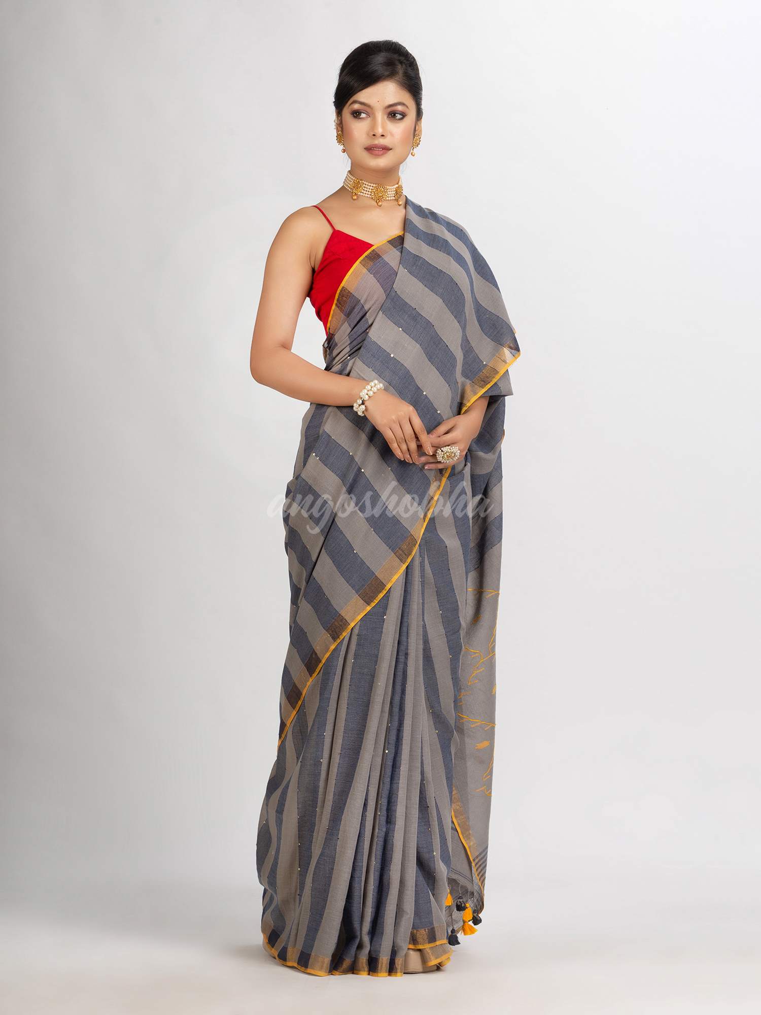 Gray And Blue Stipe Handwoven Cotton Jamdani handloom Saree
